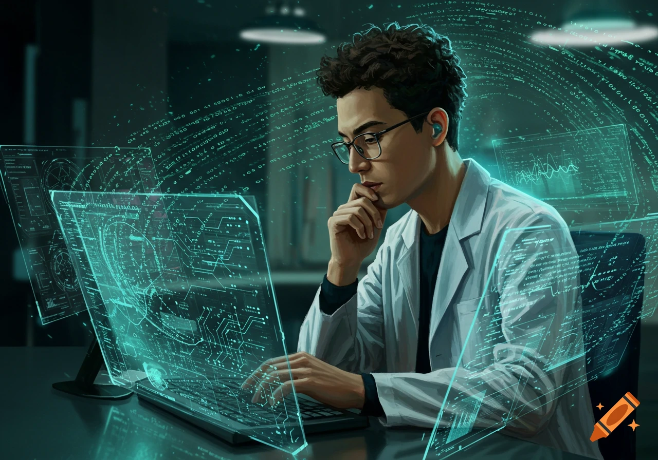 A computer scientist in a lab coat and glasses works on a futuristic transparent laptop displaying glowing data and code.