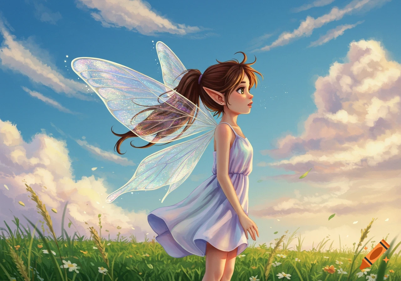 A whimsical illustration of a fairy with shimmering wings standing in a sunny, flower-filled meadow under a blue sky.