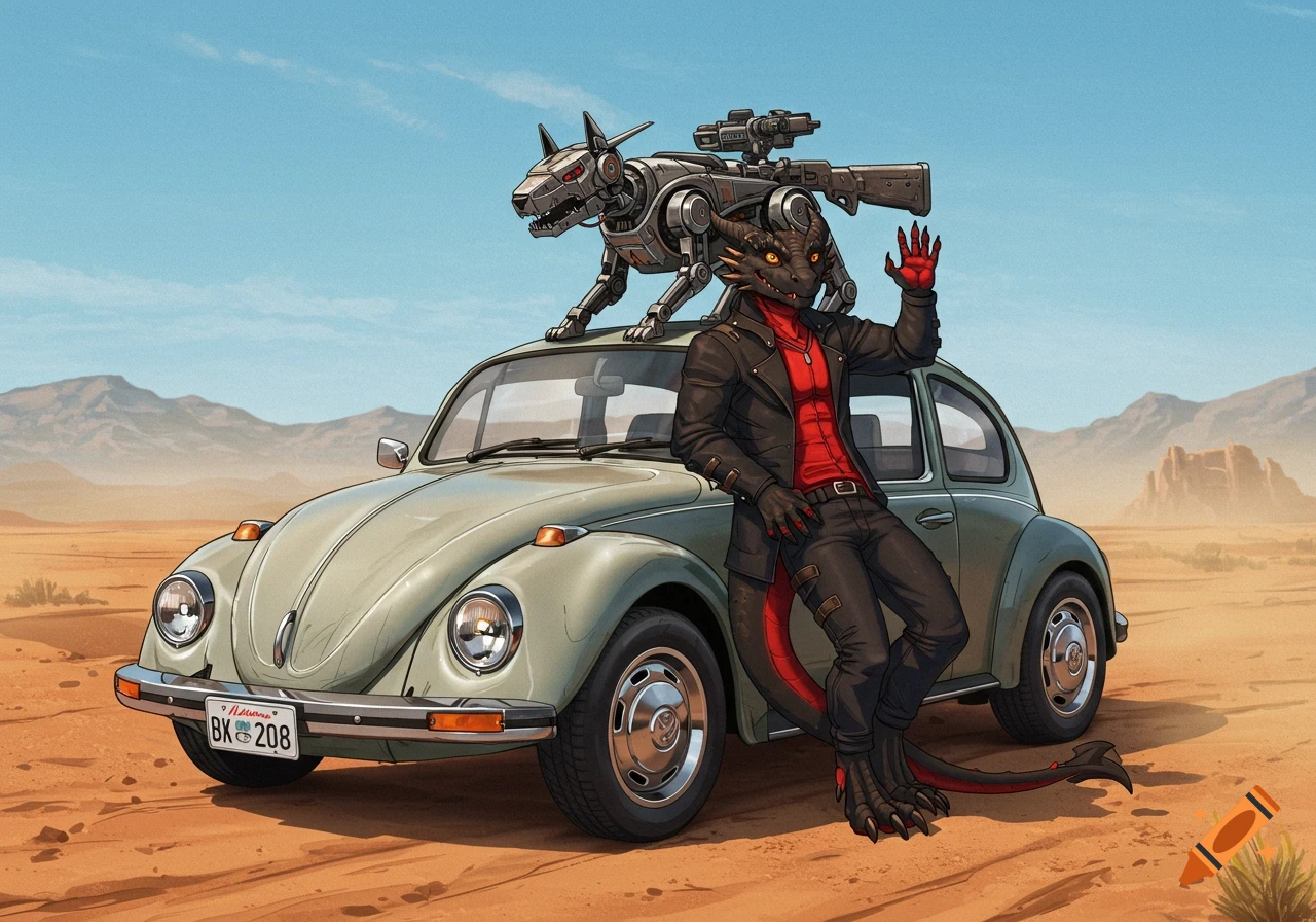A dragonborn leans on a grey Volkswagen Beetle in a desert, waving, with a robot dog and gun on the roof.