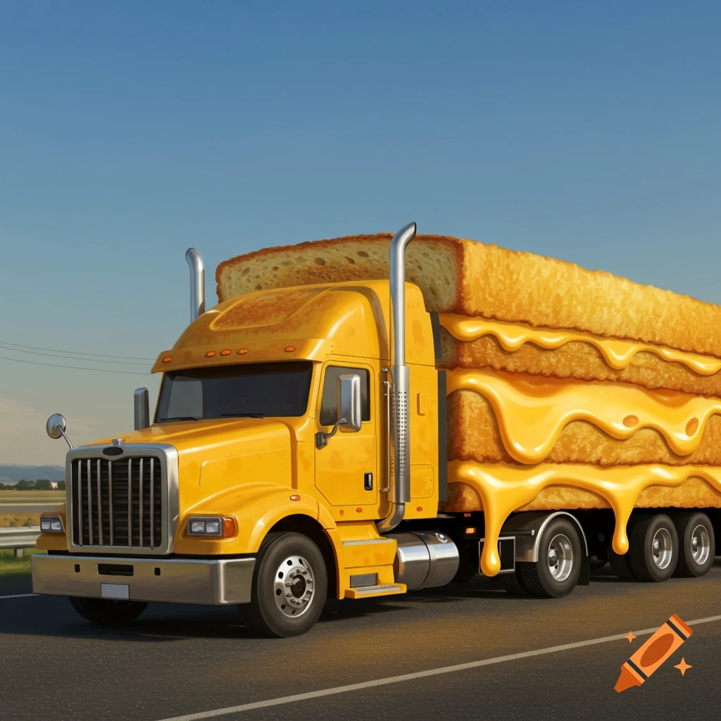A yellow semi-truck with a massive grilled cheese sandwich as its trailer drives on a highway under a clear blue sky, photorealistic style.