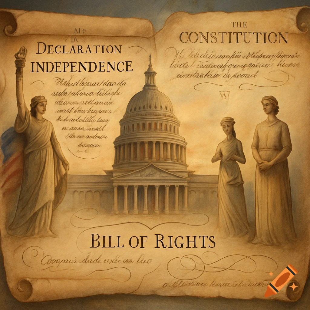 An artistic depiction of historical American founding documents with the Capitol building, the Statue of Liberty, and two other figures. Text reads 'DECLARATION INDEPENDENCE', 'THE CONSTITUTION', and 'BILL OF RIGHTS'