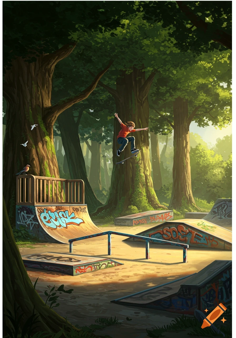 An illustrated vertical shot of a person doing a trick on a skateboard in a lush green forest skate park with graffiti-covered ramps.