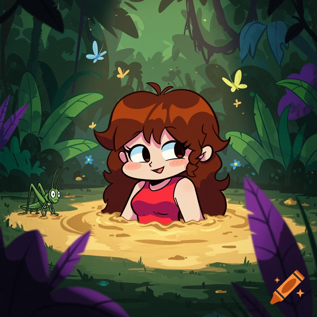 Cartoon of Girlfriend from Friday Night Funkin' sinking in quicksand in a jungle with butterflies and a grasshopper.