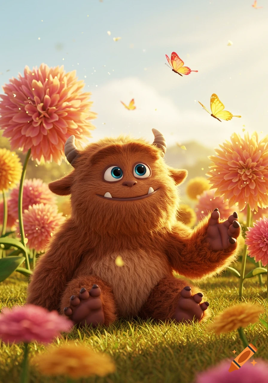A friendly brown fuzzy monster with blue eyes and small horns sits smiling in a sunny field of pink and orange flowers with butterflies, in a Pixar-like style.