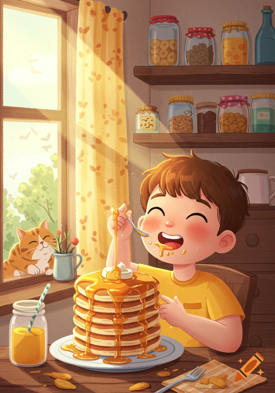A cheerful cartoon boy eats a tall stack of pancakes with syrup, while a happy cat looks in through a sunny window.