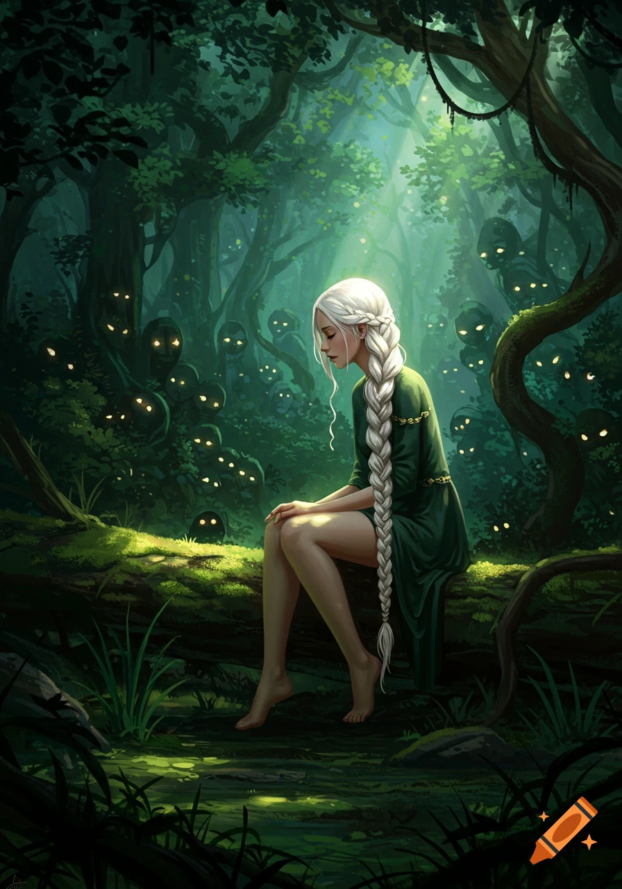 An illustration of a woman with a long blonde braid sitting on a log in a dark forest, surrounded by glowing eyes in the bushes.