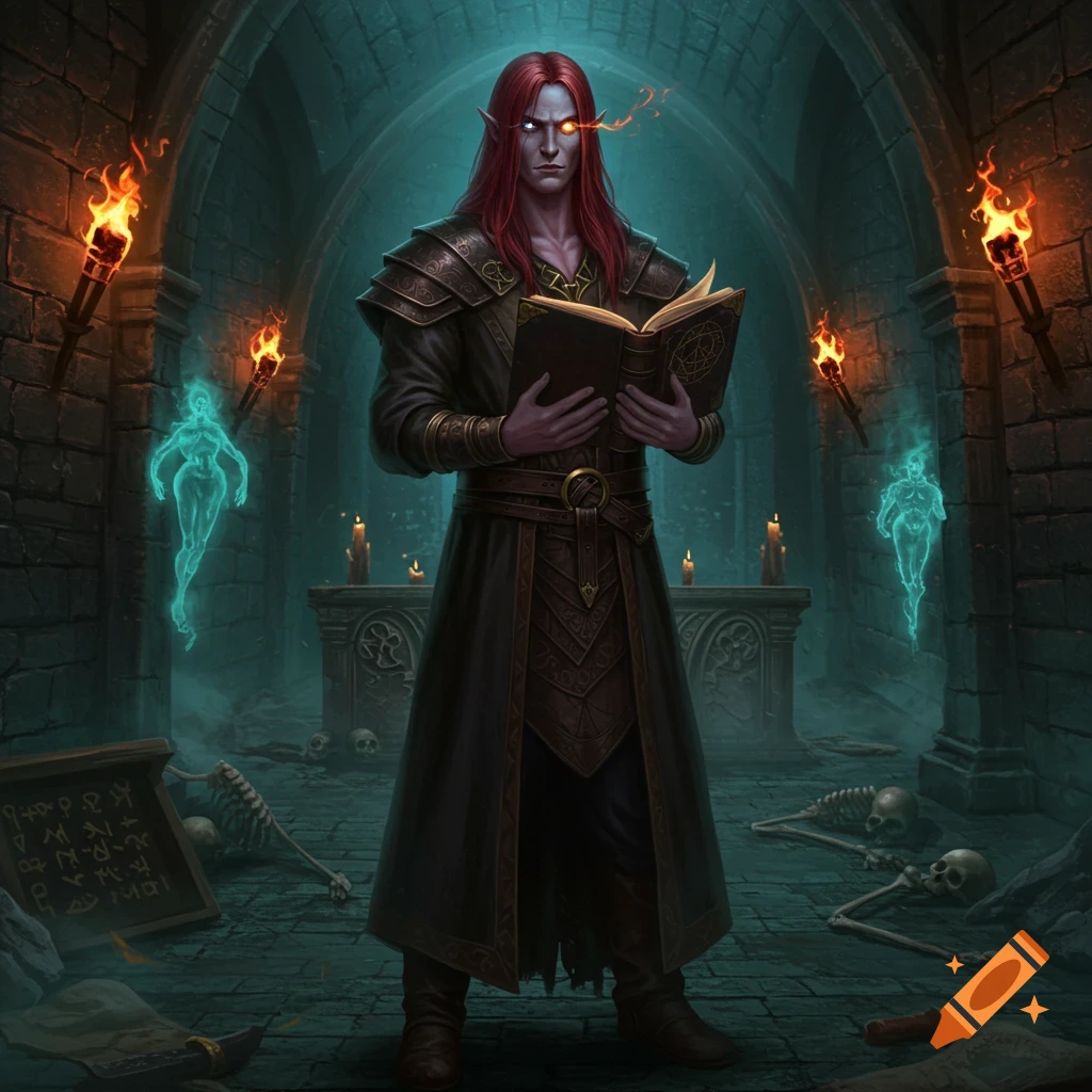 Red-haired necromancer with glowing eye reads a dark book in a crypt, surrounded by torches, skeletons, and blue ghosts.