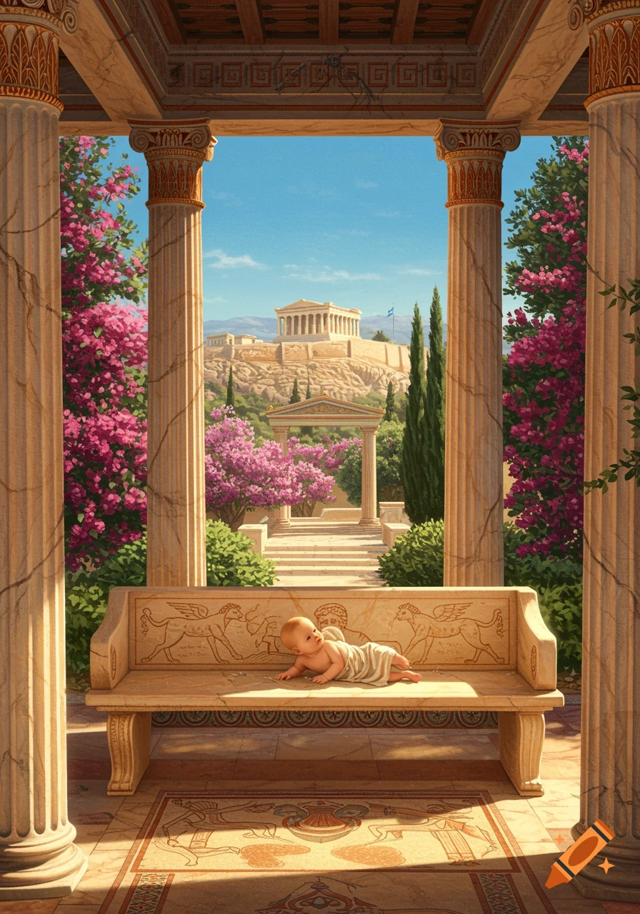 A baby in a cloth lies on an ornate stone bench inside a classical Greek temple, with pink flowers and the Parthenon in the background.