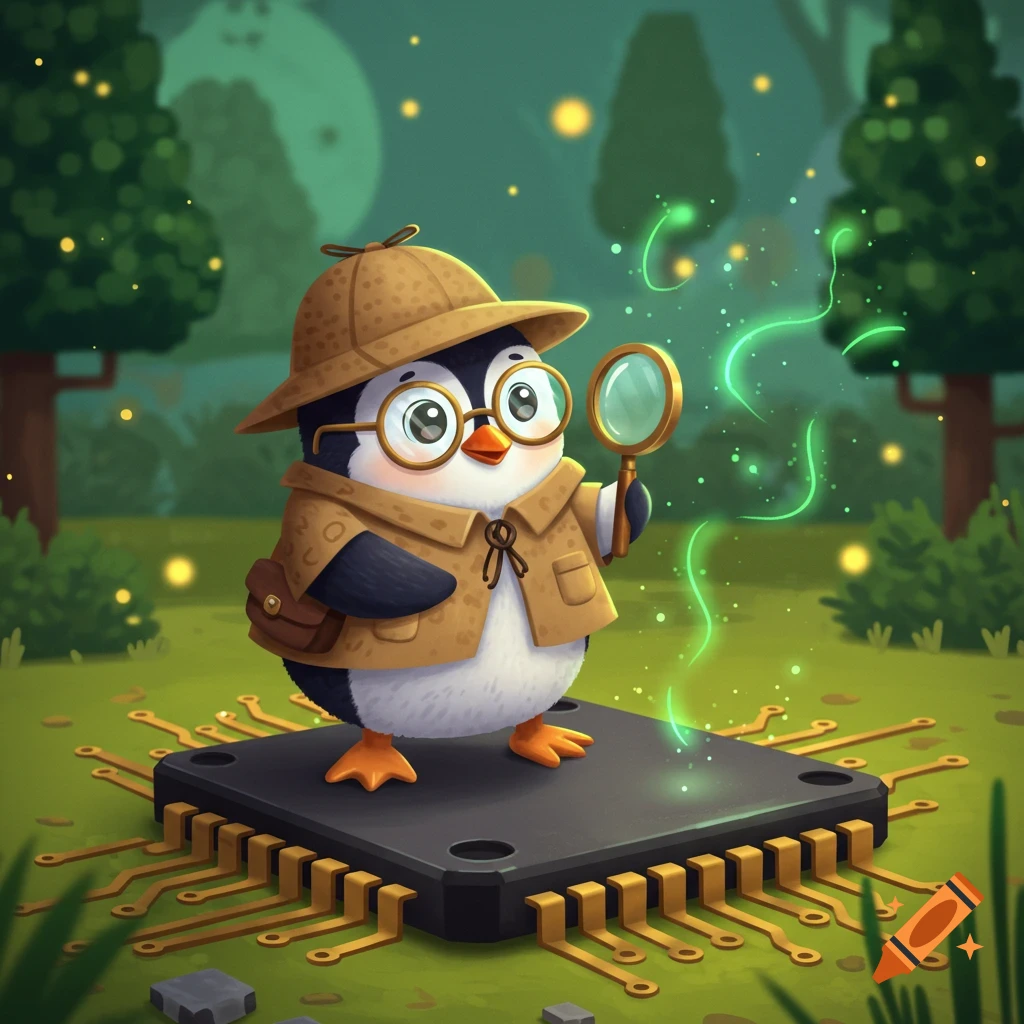 Cute cartoon penguin bug hunter with glasses and safari hat stands on a computer chip, holding a magnifying glass in a forest.