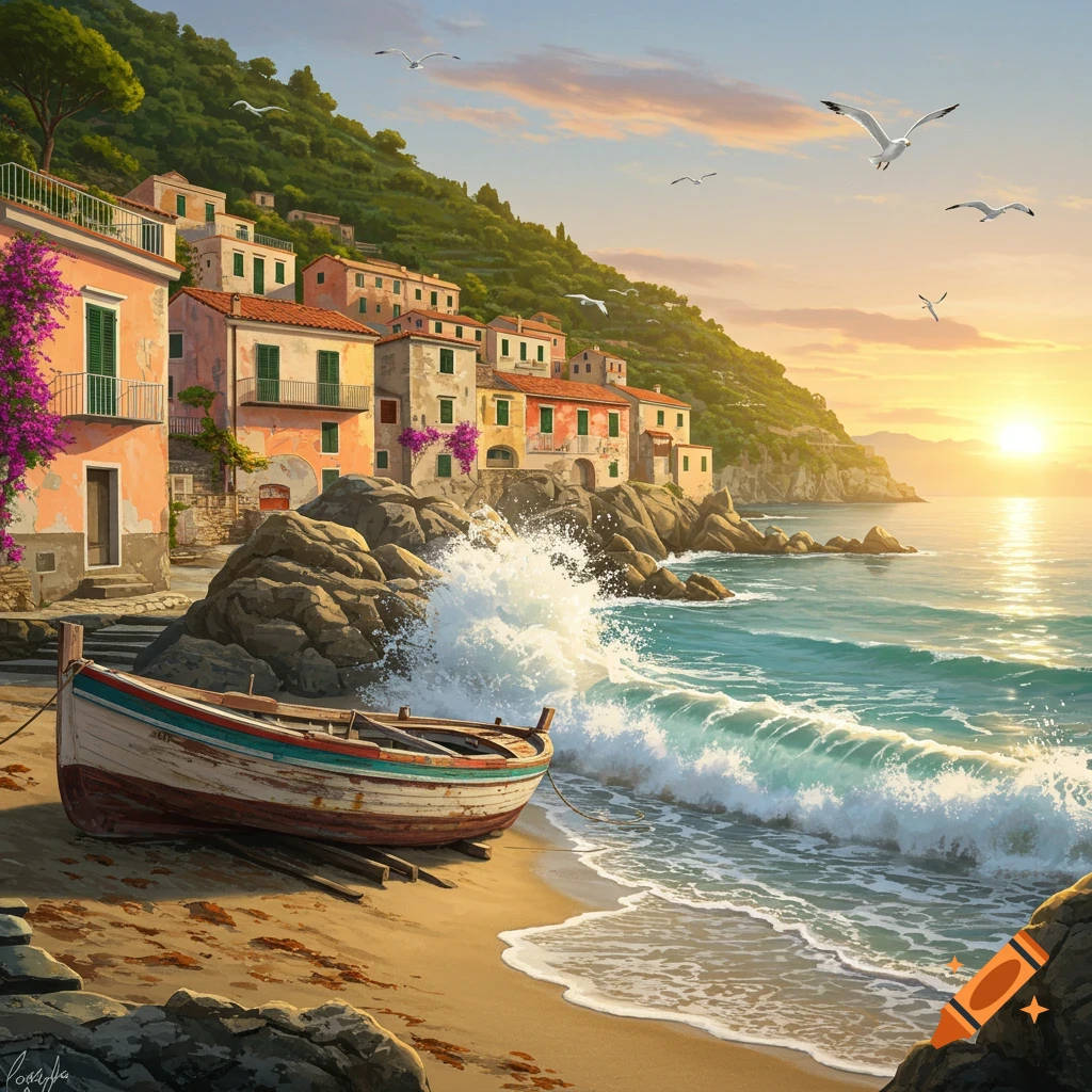 A vibrant painting of an Italian coastal village with a fishing boat on the sand as waves crash, under a golden sunset.