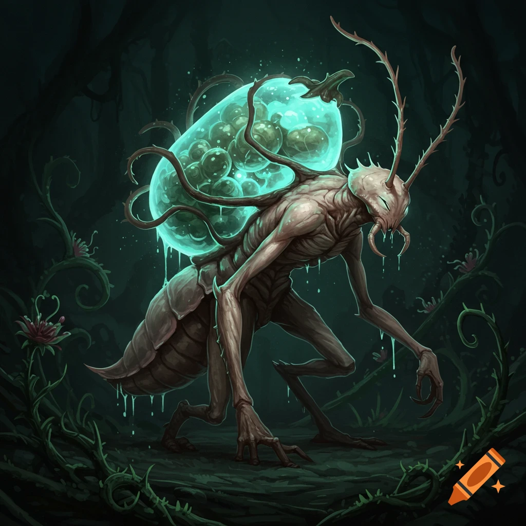A hunched, pale insectoid-plant creature with a glowing biomass sac on its back, in a dark, eerie, vine-filled setting, digital art.