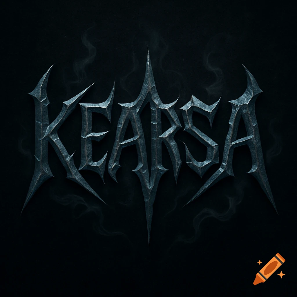 A stylized, sharp, metallic logo spelling 'KEARSA' in a modern metal band font, on a dark background with subtle smoke.