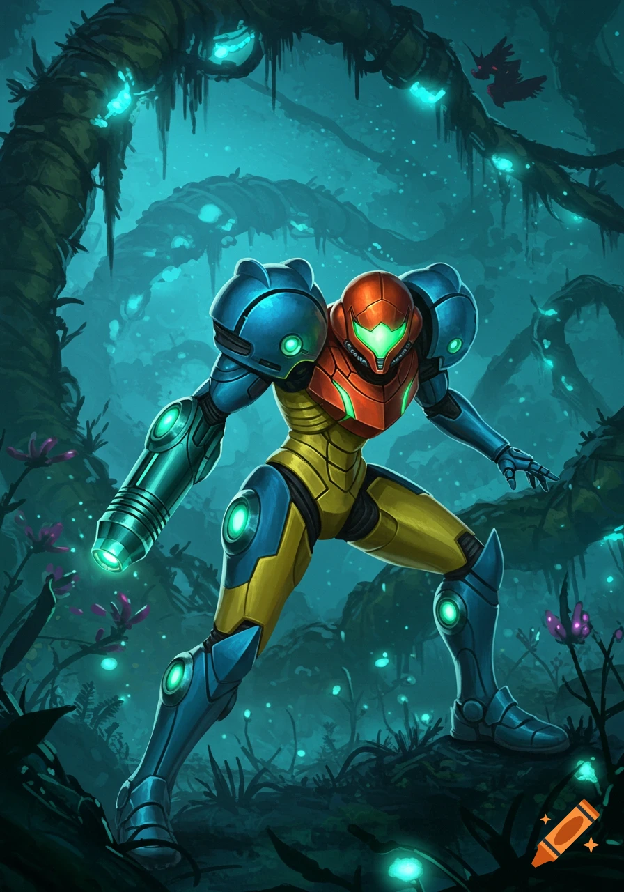 Samus Aran in her power suit stands in a vibrant, glowing alien jungle, digital art.