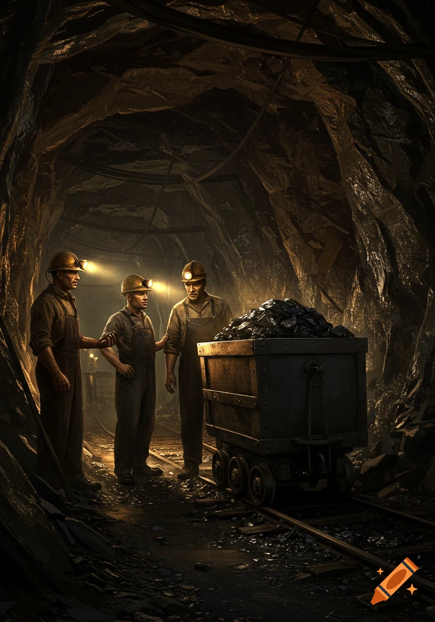 Three photorealistic miners with headlamps stand next to a full coal cart in a dark, underground mine.