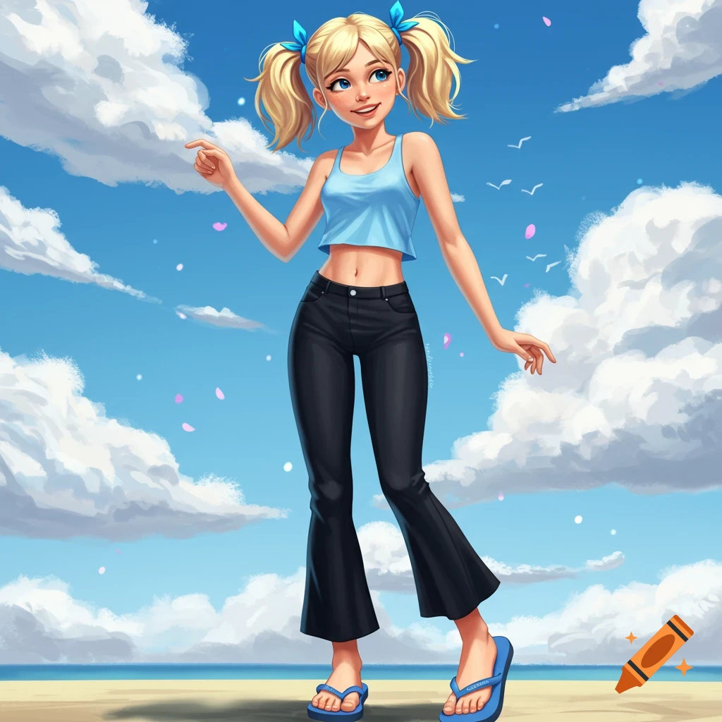 Cartoon girl with blonde pigtails, wearing a blue crop top, black pants, and blue Havaianas flip-flops on a sunny beach.