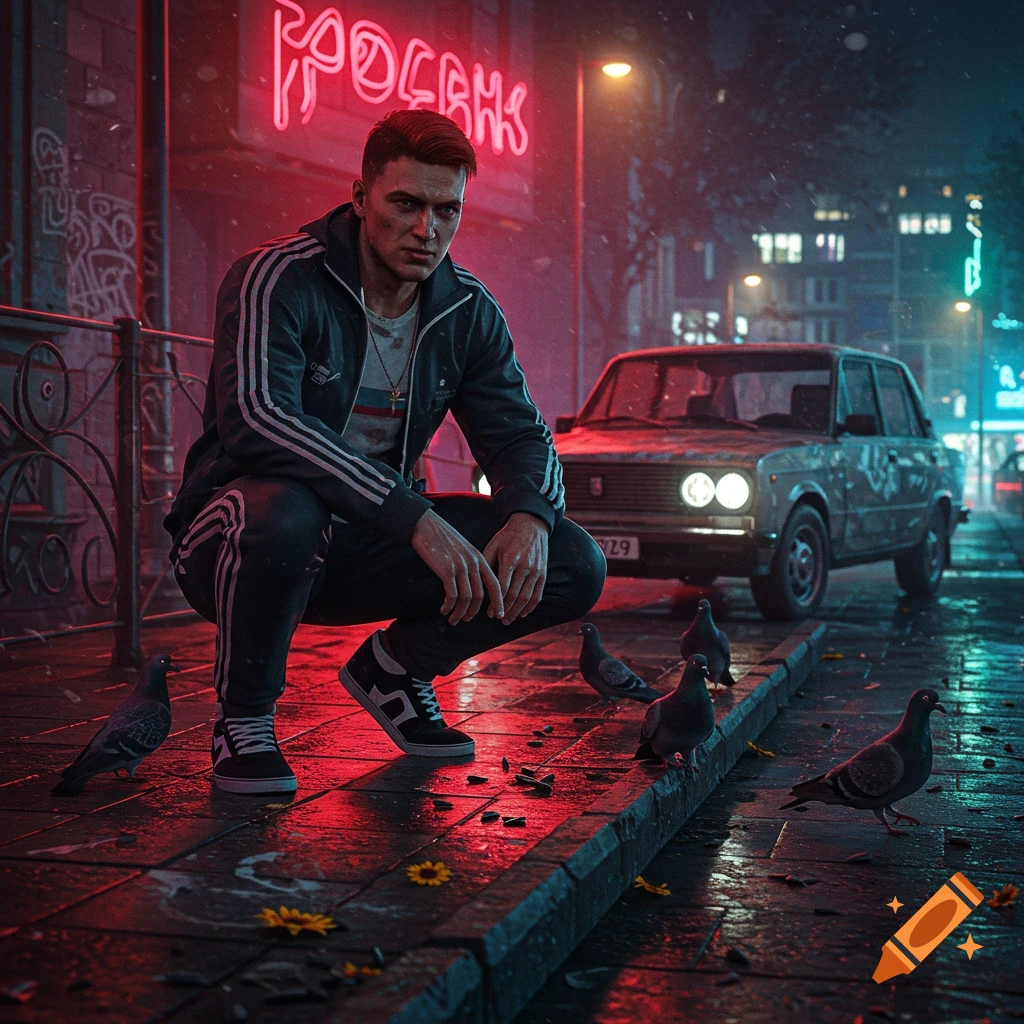 A man in a tracksuit crouches on a wet, neon-lit city street at night, surrounded by pigeons, an old car, and a red neon sign. Photorealistic style.