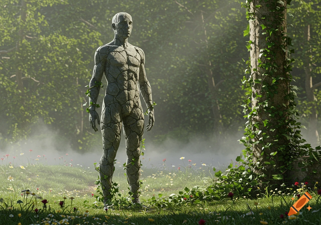 Photorealistic 3D render of a cracked stone human figure with ivy growing on it, standing in a misty, lush forest with wildflowers.