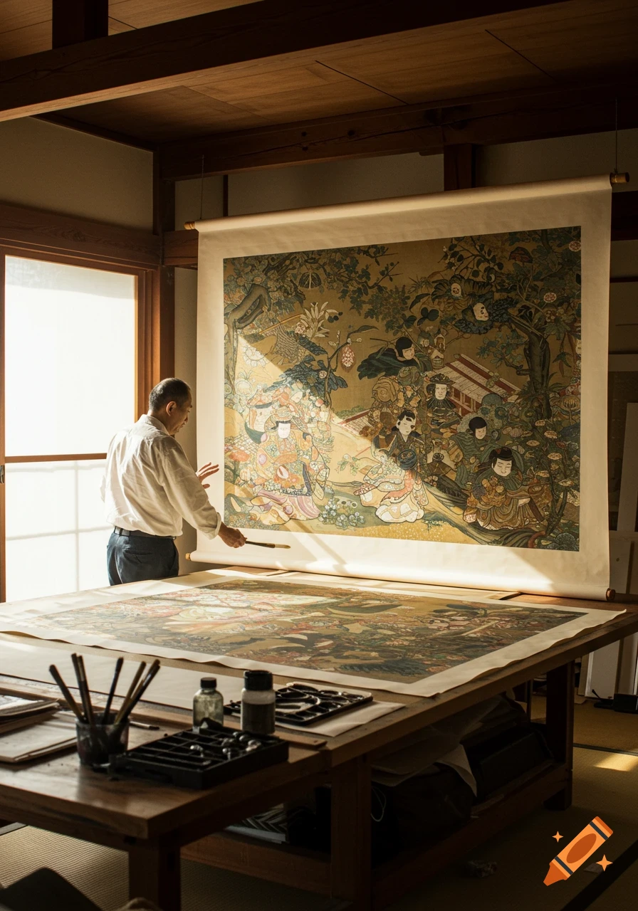 A Japanese artist in a sunlit traditional studio paints a large, detailed Emakimono scroll.