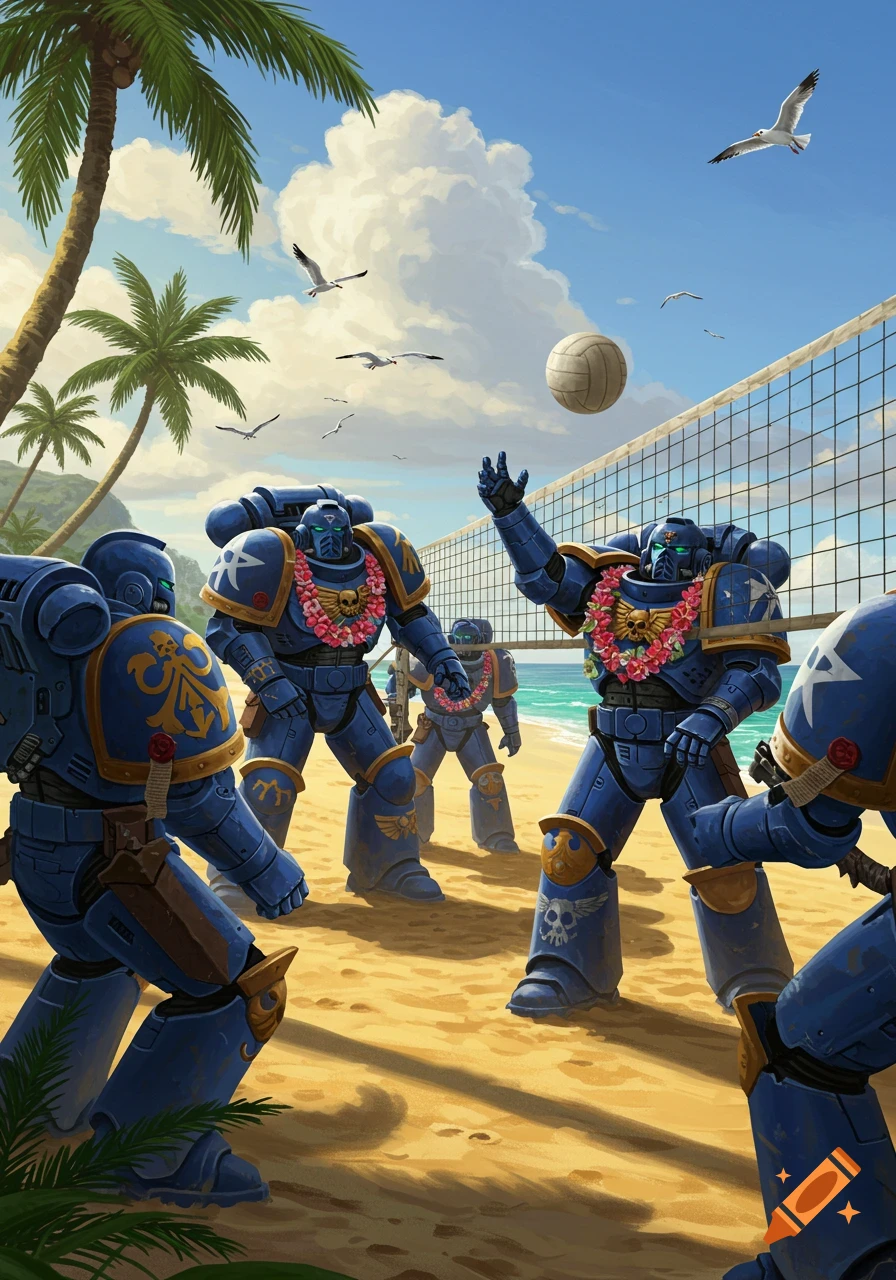 Blue and gold Warhammer 40K Space Marines wearing leis play volleyball on a sunny tropical beach with palm trees and seagulls.