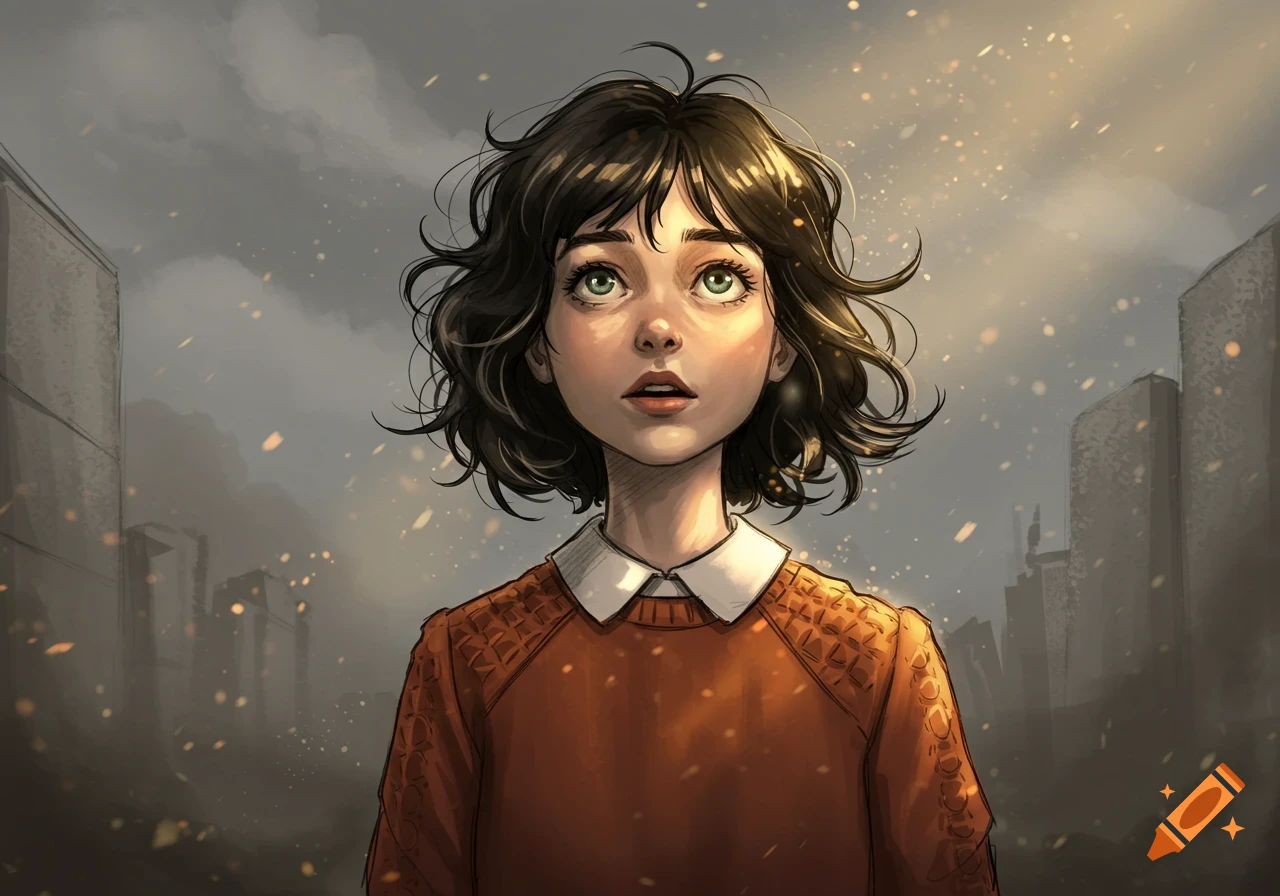 Illustration of a young girl with dark wavy hair and green eyes, looking up in a hazy cityscape with falling particles, wearing an orange sweater.