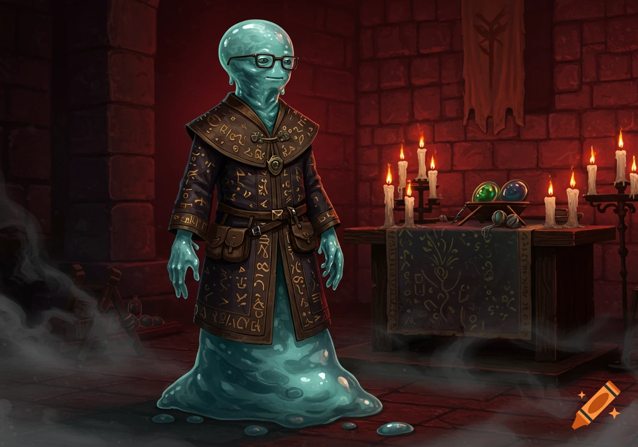 A turquoise slime humanoid in glasses and an ornate cult robe stands in a dimly lit stone dungeon with candles and a ritual altar.
