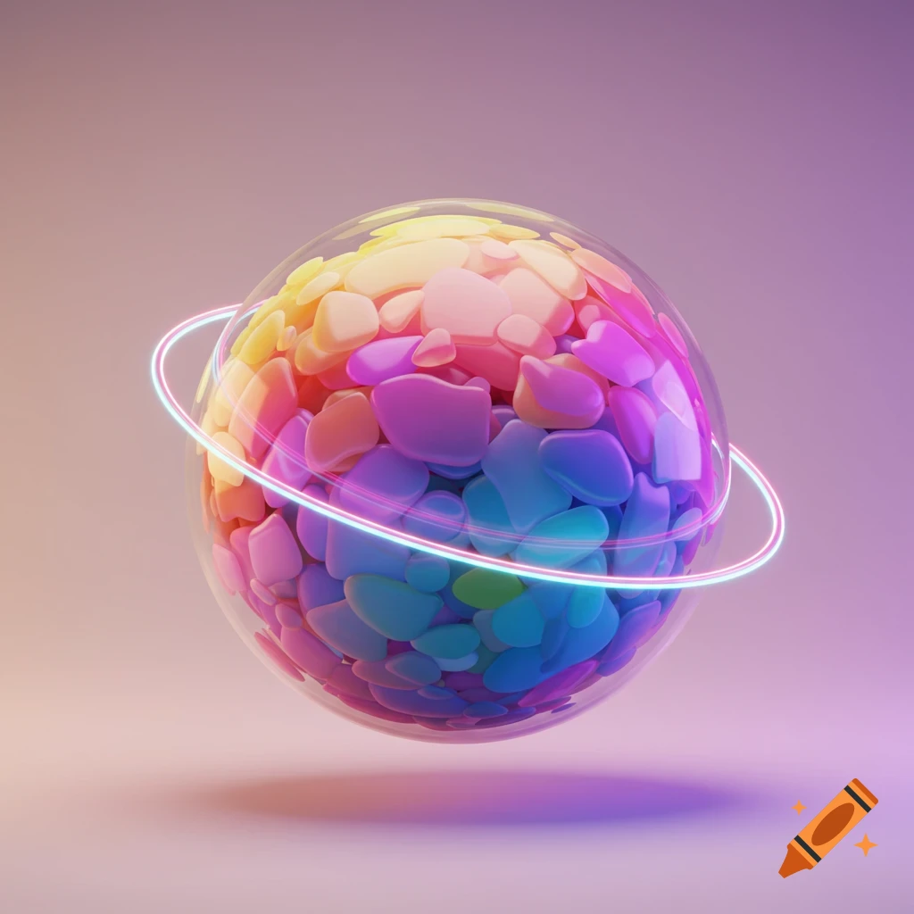 A clear glass sphere filled with rainbow-colored irregular shapes, orbited by a glowing neon ring on a soft gradient background.