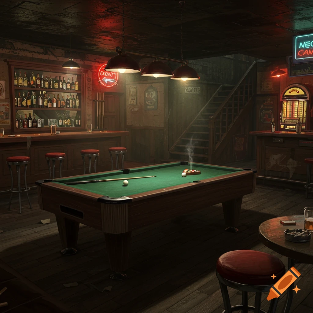 Atmospheric view of a dimly lit dive bar interior with a green pool table, bar, and staircase. Neon signs glow in the background.