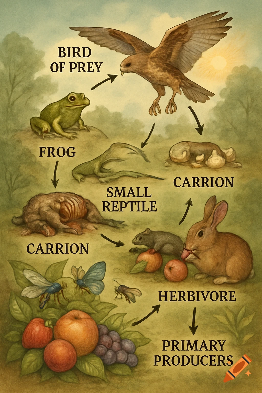 An illustrated food chain diagram showing a bird of prey, frog, small reptile, carrion, herbivore, and primary producers like fruit, connected by arrows.