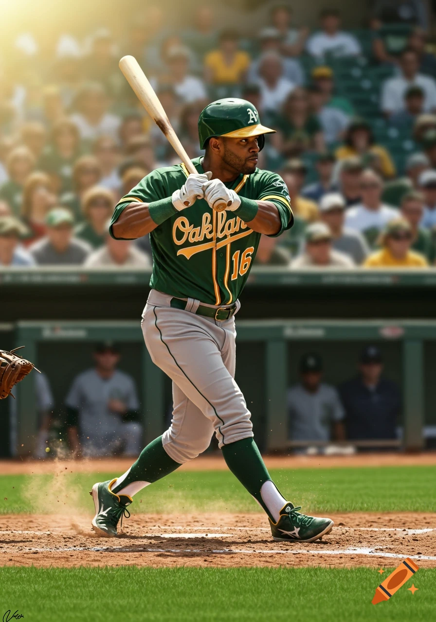Photorealistic image of an Oakland Athletics baseball player in uniform, holding a bat, on a baseball field.