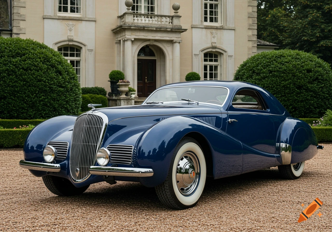 A dark blue 1930s luxury coachbuilt car with whitewall tires parked on a gravel driveway in front of a grand mansion.
