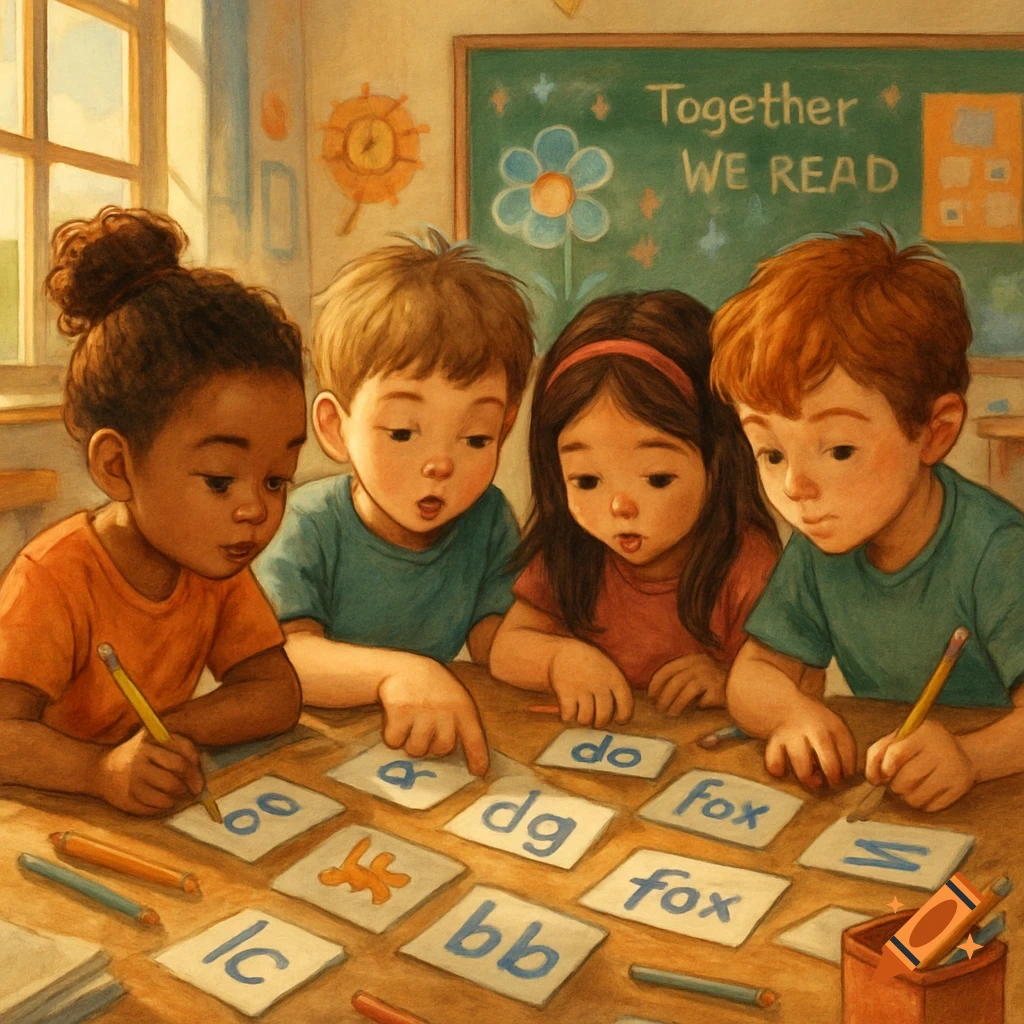 Four young children in an illustrated classroom setting, gathered around a table, learning phonics with flashcards.