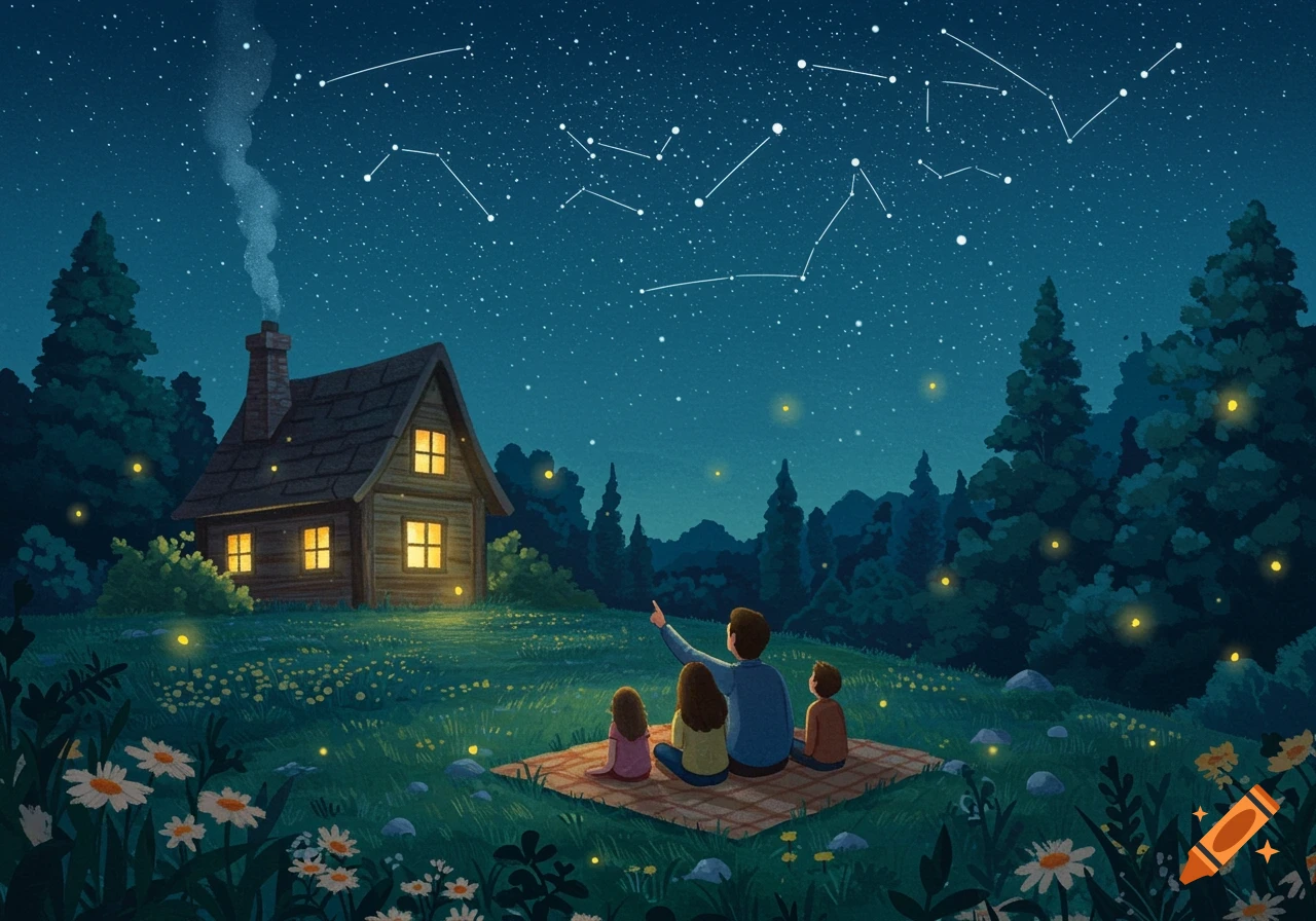 A storybook illustration of a family stargazing on a blanket outside a cozy cottage under a starry night sky with constellations and fireflies.