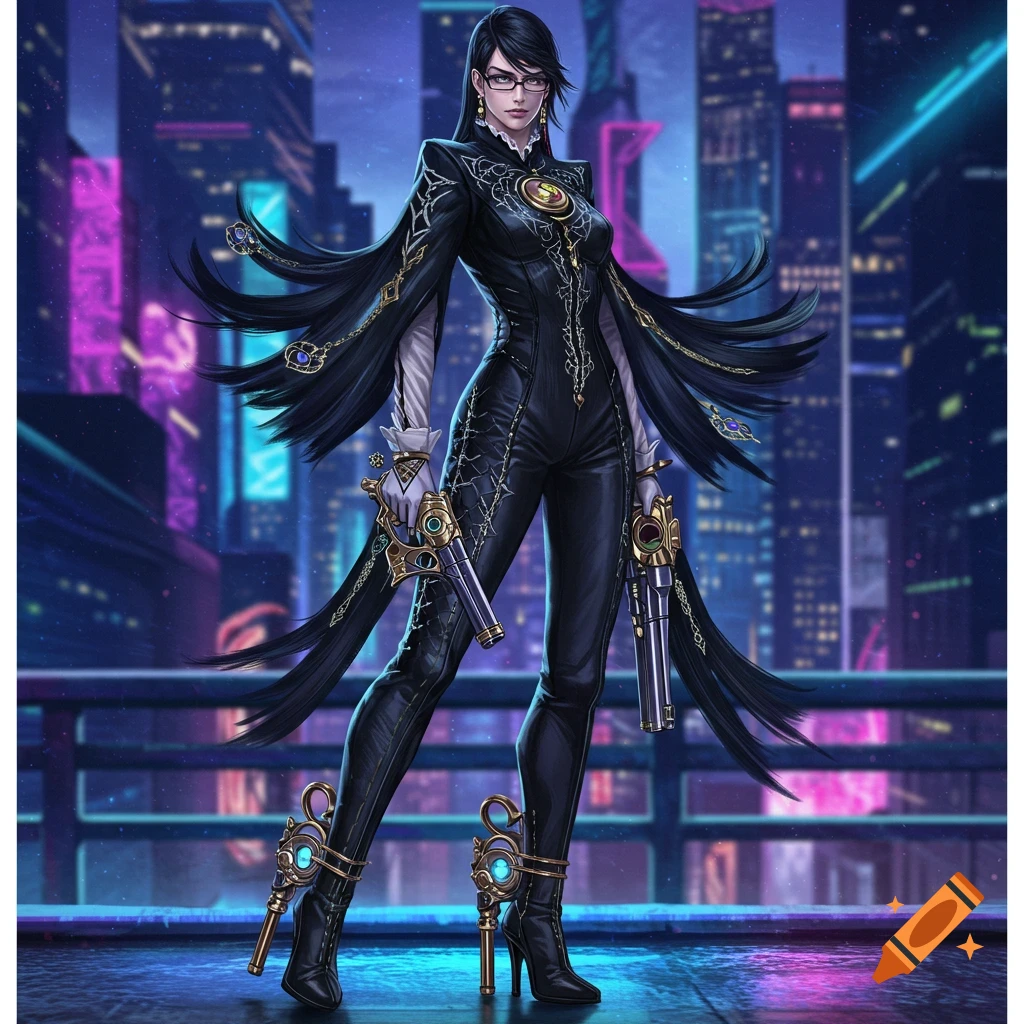 Digital art of Bayonetta in a black outfit and glasses, holding guns, on a rooftop with a neon futuristic city background.