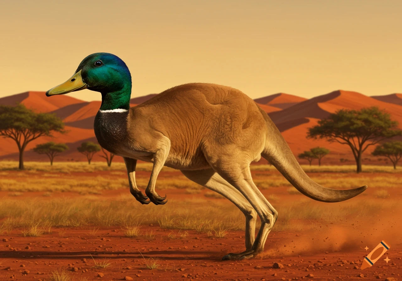 A hybrid creature with a mallard duck's head and a kangaroo's body stands in a sunny desert landscape with trees and sand dunes.
