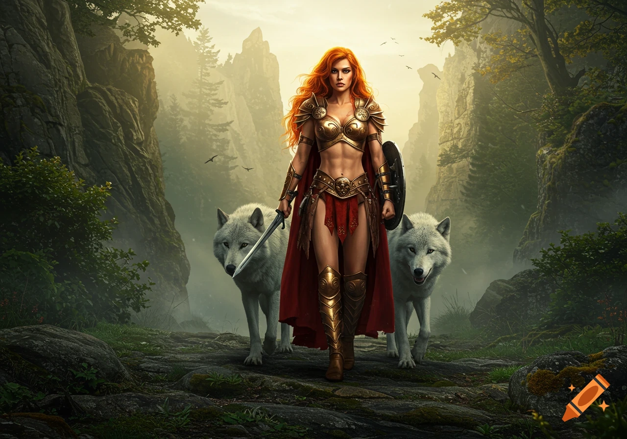 Photorealistic image of a powerful amazon warrior with red hair and golden armor, patrolling a foggy, wild landscape with two large white wolves.