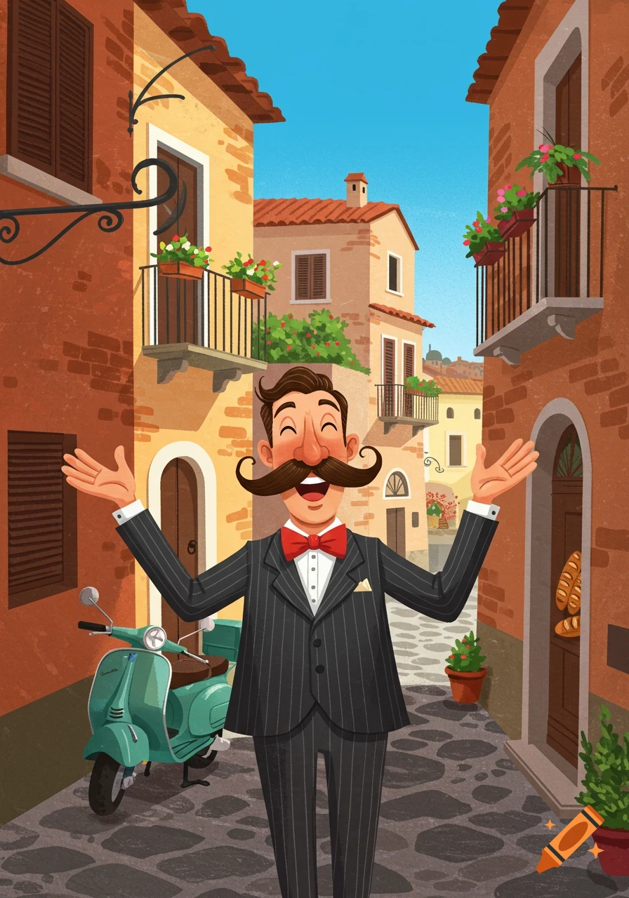 A cheerful cartoon man with a large mustache and red bowtie stands in a narrow Italian street with a teal Vespa scooter.