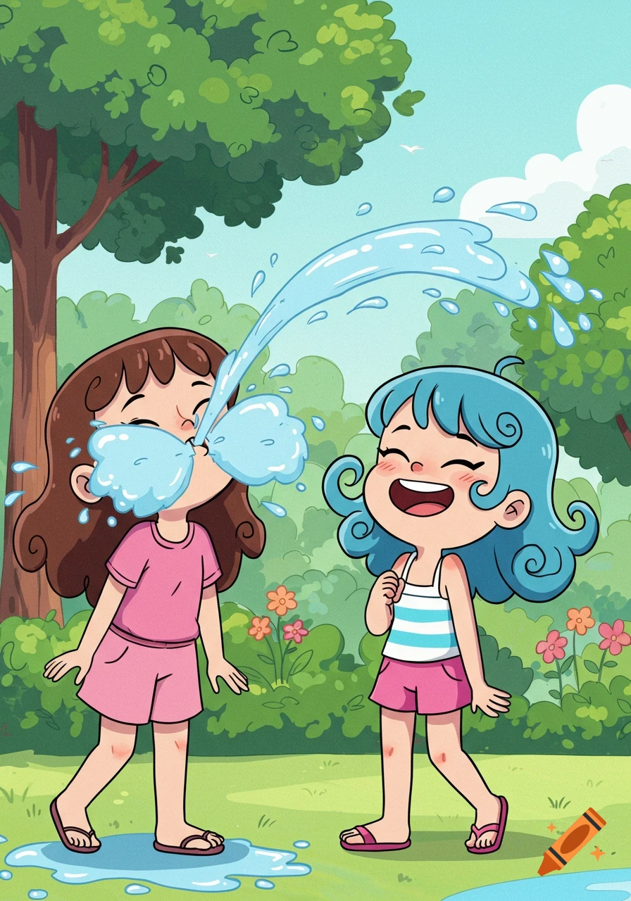 Two happy cartoon girls playing outdoors, one spitting a stream of water from her mouth, the other laughing.