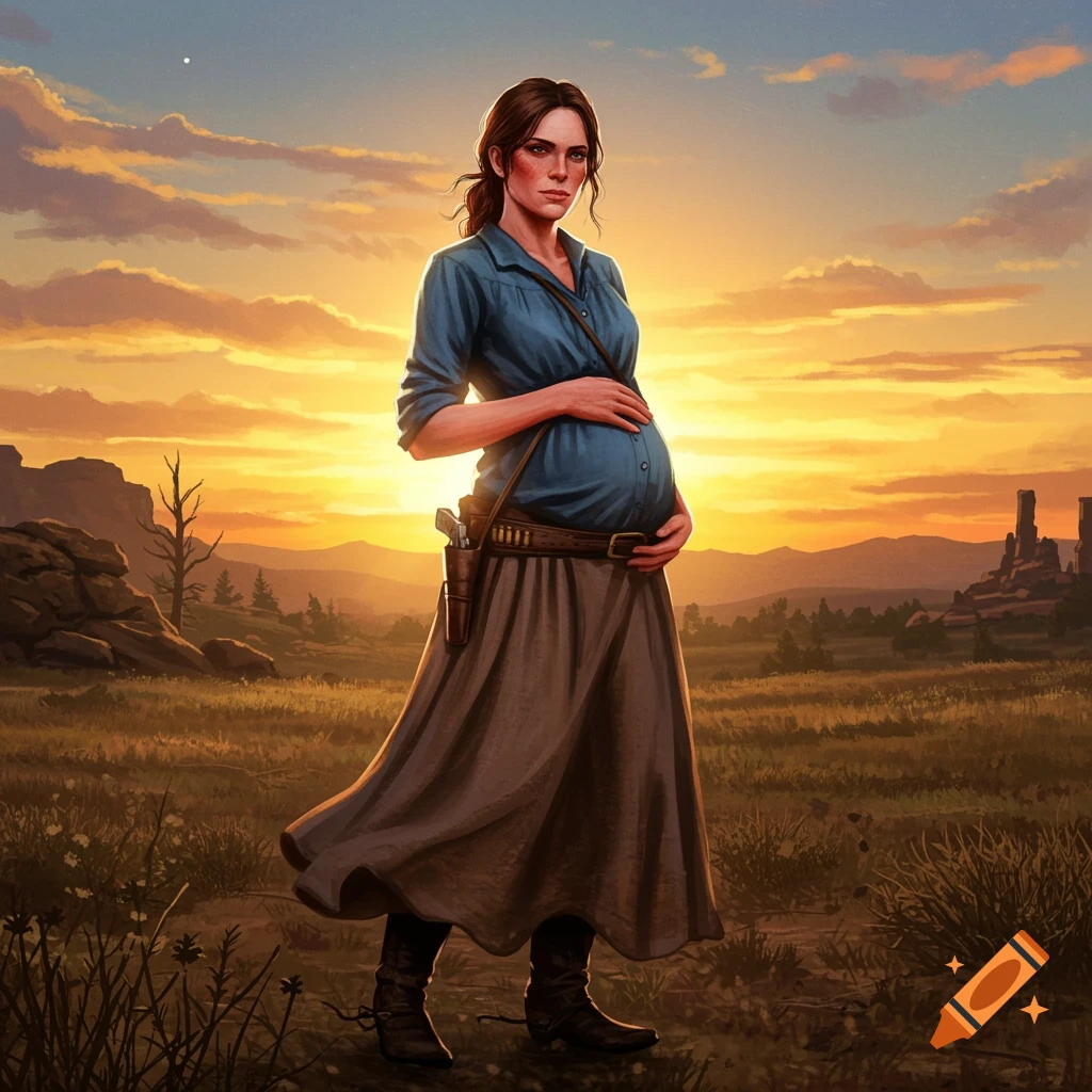 A pregnant woman in a blue shirt and long skirt with a gun holster stands in a field at sunset, video game art style.