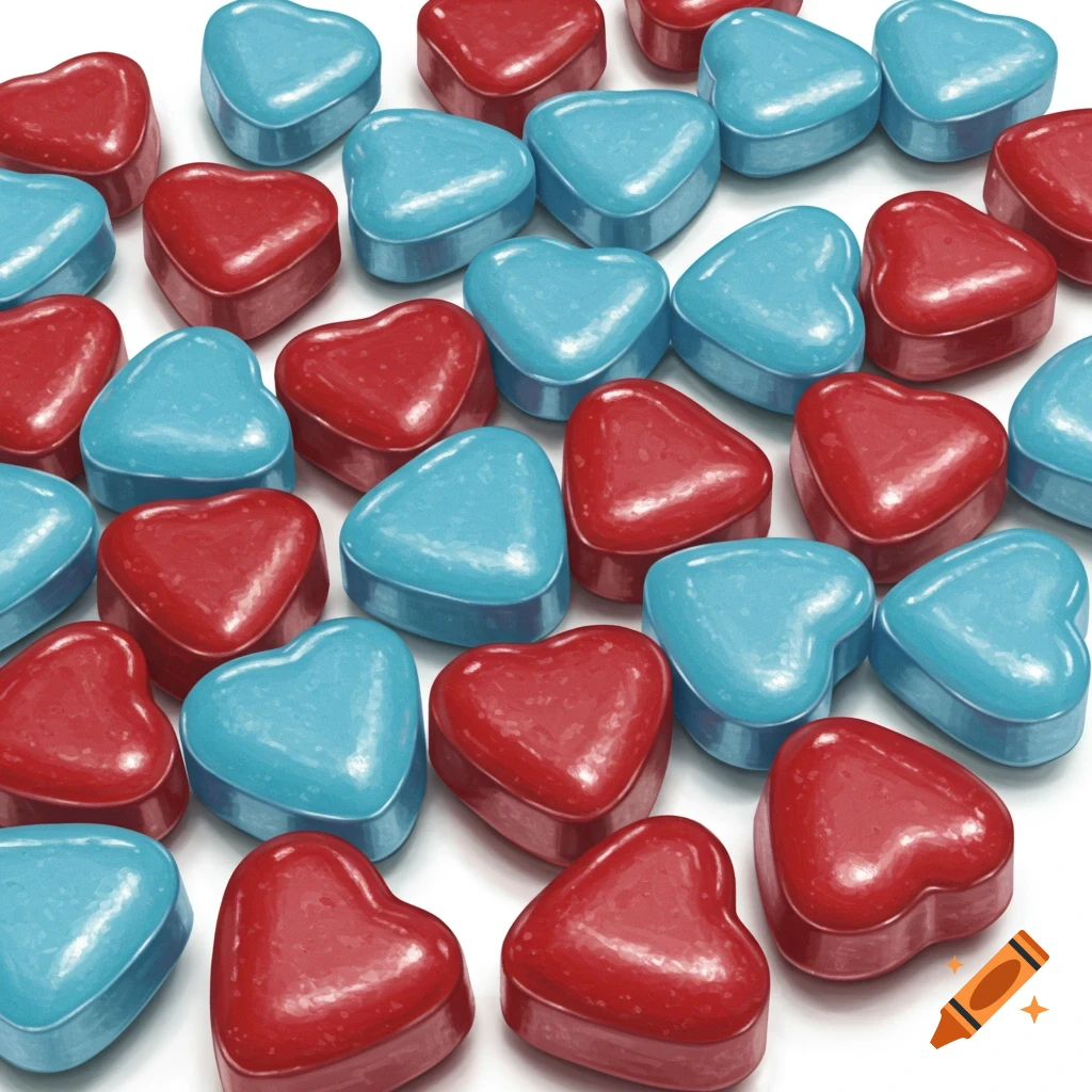 A close-up shot of numerous shiny blue and red heart-shaped candies scattered across a white surface.