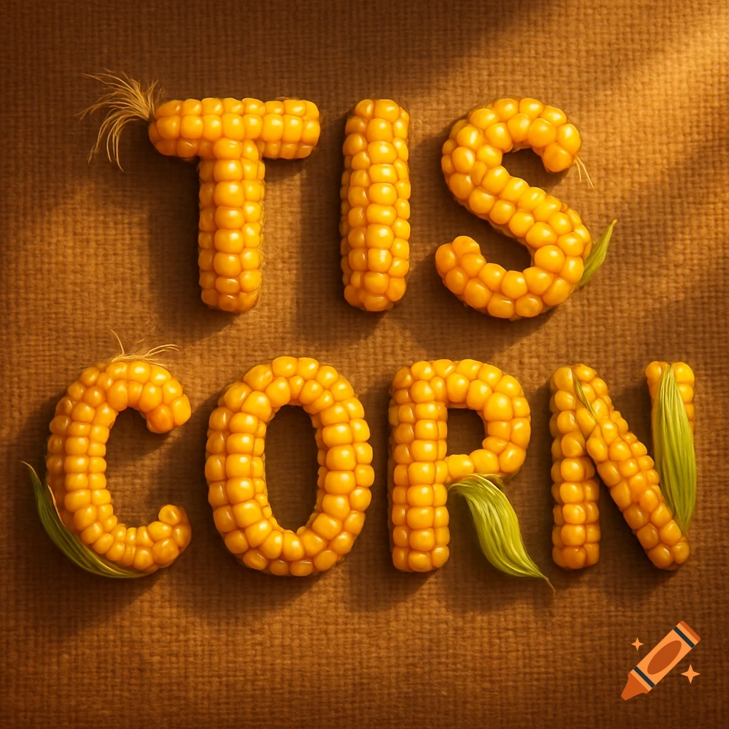 The words 'TIS CORN' are spelled out in yellow corn kernels with husks on a textured brown background.