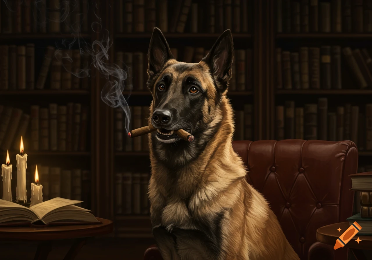 A stately Belgian Malinois dog sits in a library armchair, smoking a cigar. Candles and an open book are on a table. Digital painting.
