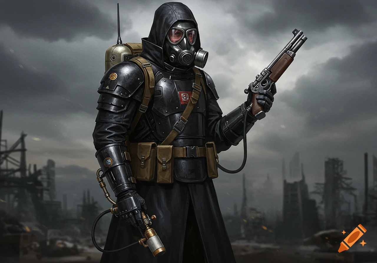 Digital illustration of a hooded science fantasy soldier in black armor and a gas mask, holding a rifle in a post-apocalyptic city.