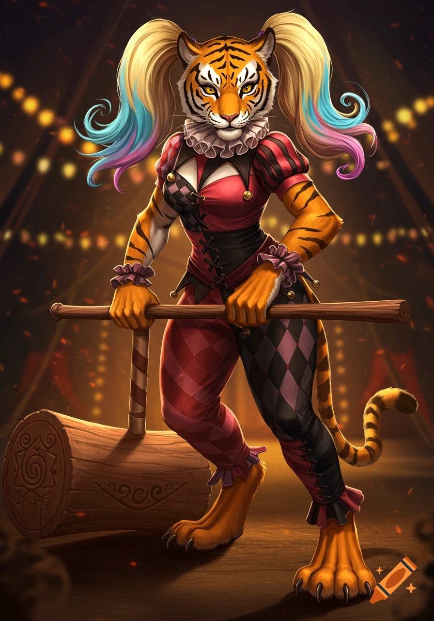 A female anthropomorphic tiger in a red and black jester outfit with blonde pigtails, holding a large wooden mallet in a circus tent.