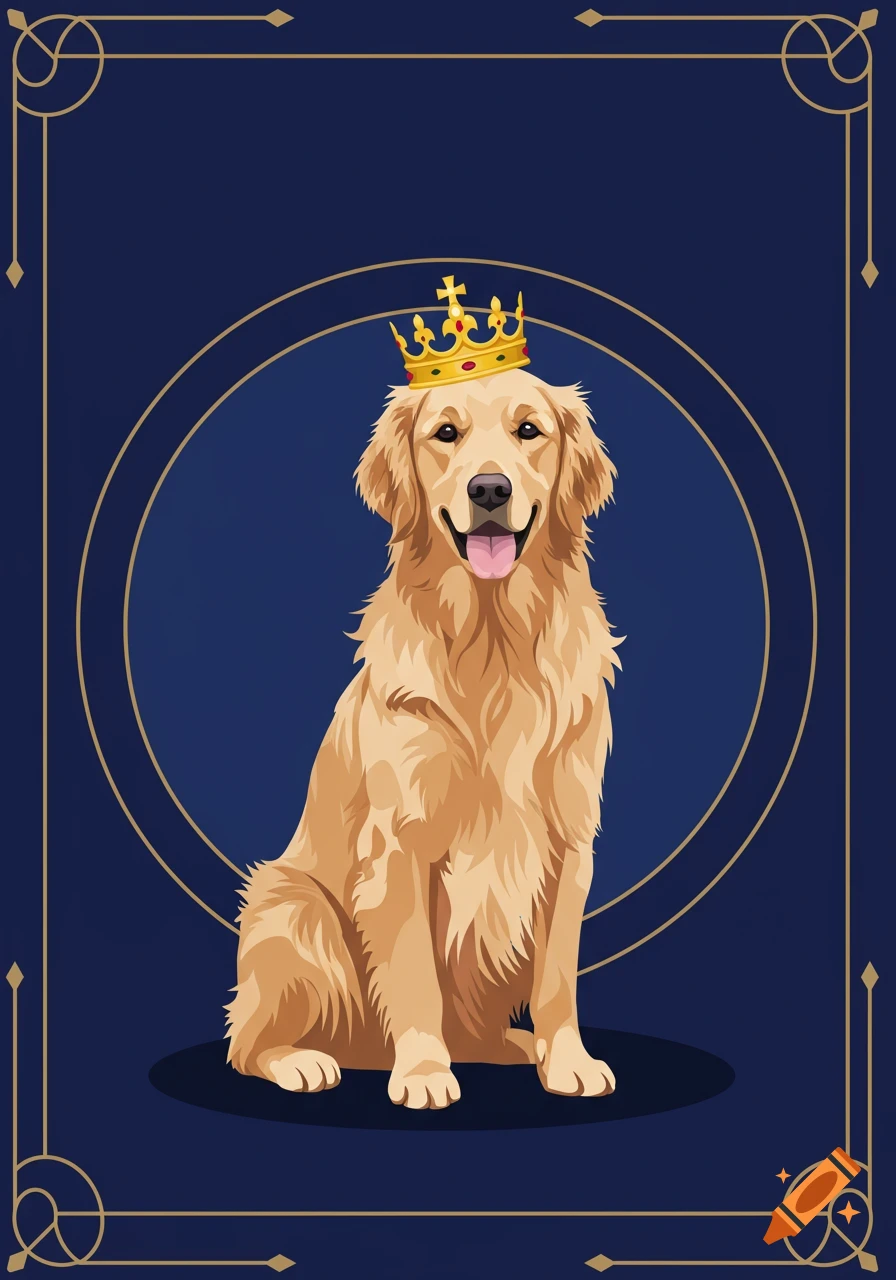 A golden retriever wearing a gold crown sits against a dark blue background with elegant gold decorative borders, in a clean vector art style.