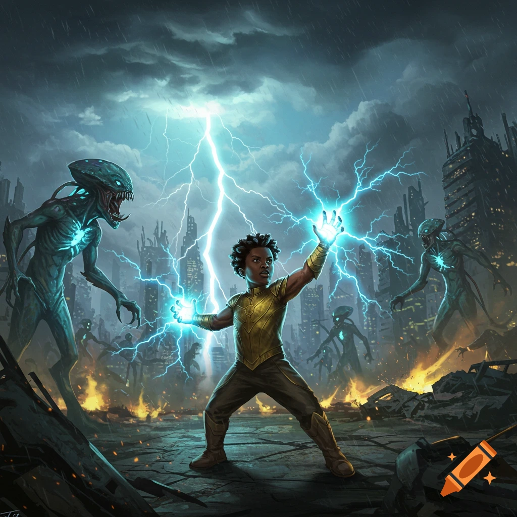 Young Black hero with lightning powers fighting aliens in a destroyed, rainy city.