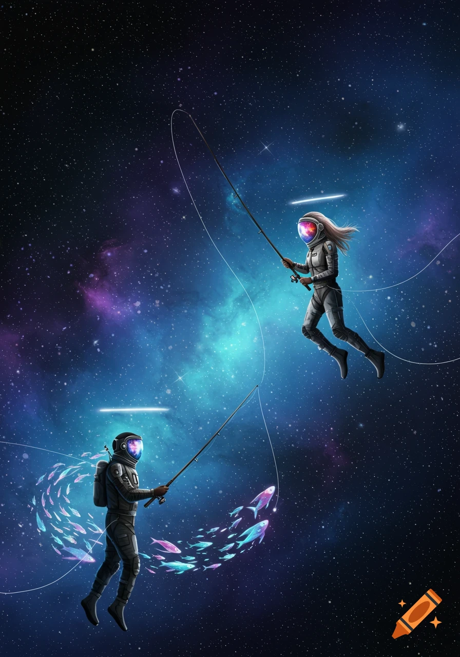 Two astronauts, a woman and a man, fish for glowing fish in a vibrant, star-filled cosmic space, with nebulae in the background.
