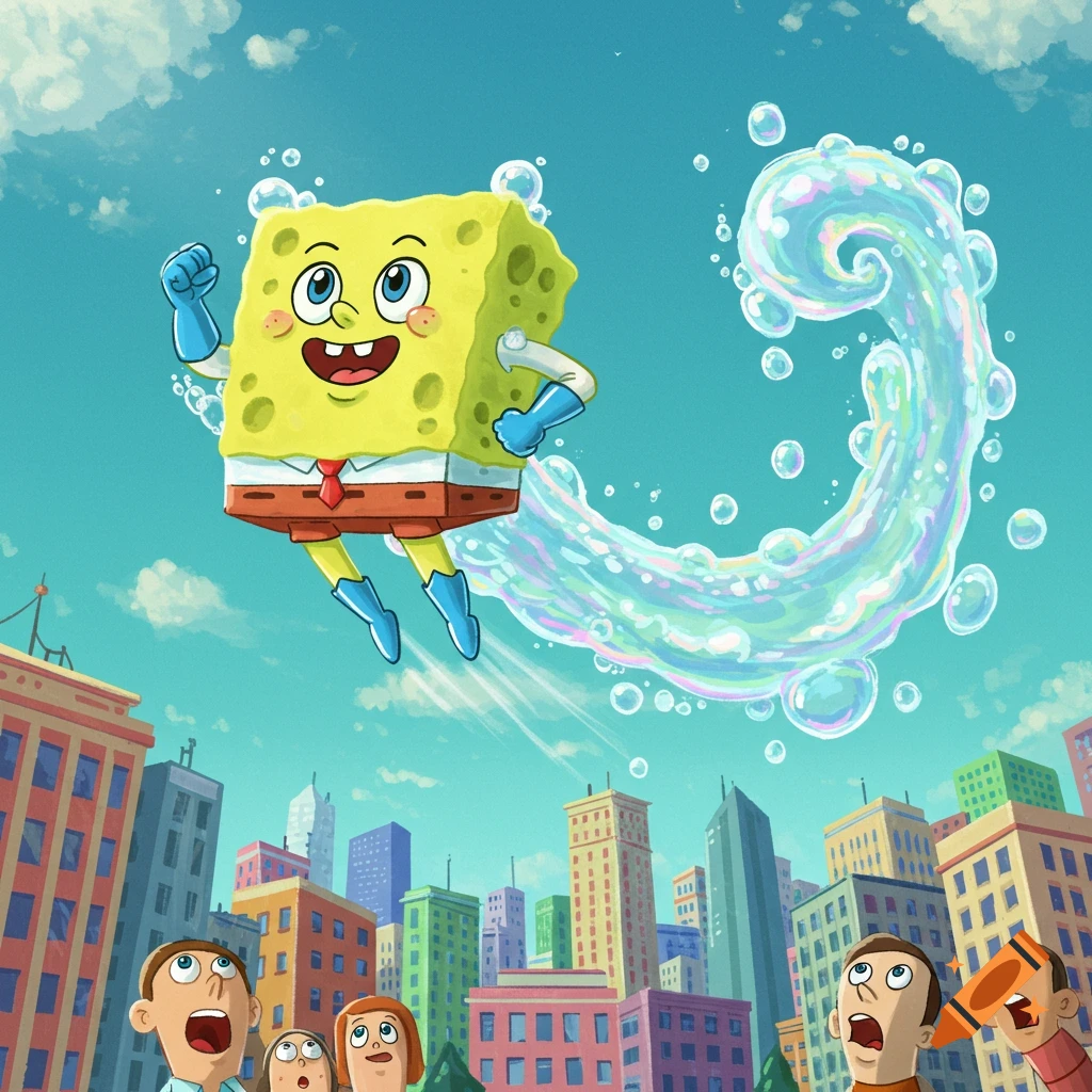 Cartoon Spongebob Squarepants as a superhero, flying over a city, leaving a trail of bubbles, with people looking up.