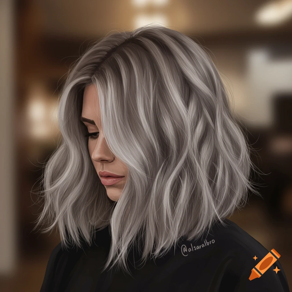 Digital painting of a woman with wavy, ash-blonde bob-length hair, looking down.