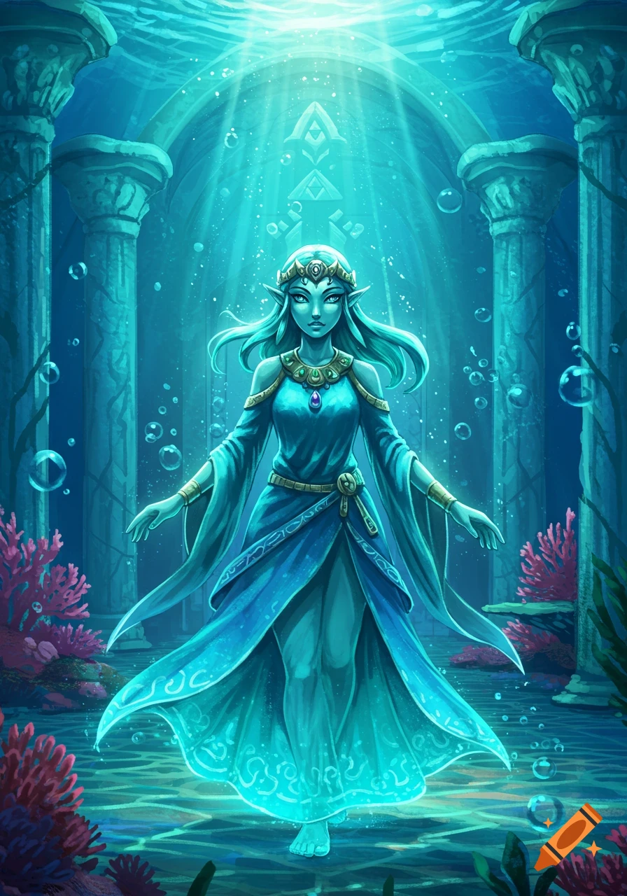 An elf-like woman with long turquoise hair and a blue glowing dress stands barefoot in ancient underwater ruins with light rays.