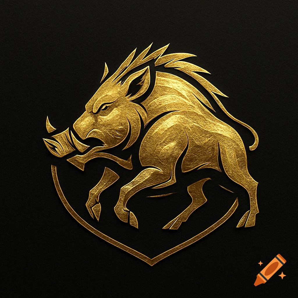 Golden stylized boar logo on a black background with a shield outline.